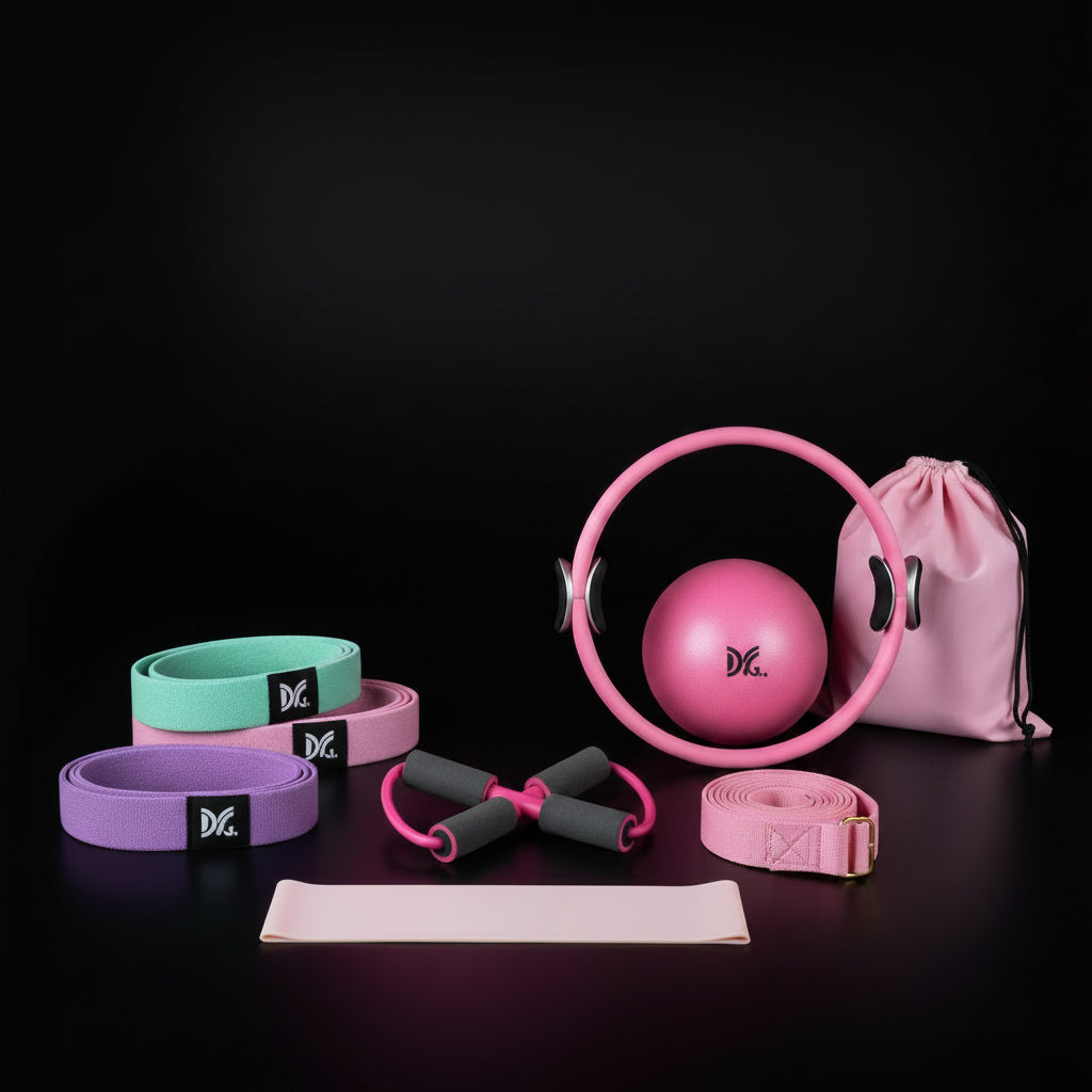various pink fitness products including a ball, resistance bands, and a drawstring bag on a black background.