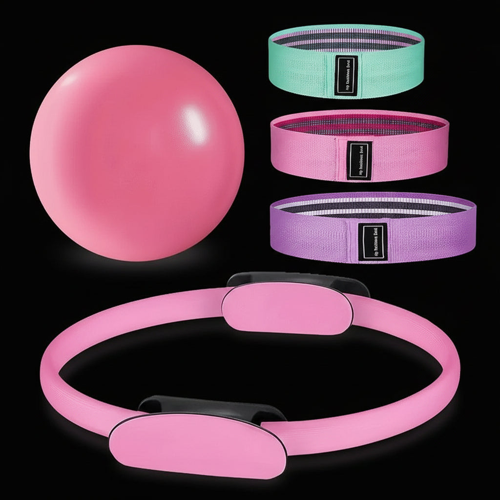 Pink exercise ball and resistance bands  and resistance ring on a black studio background